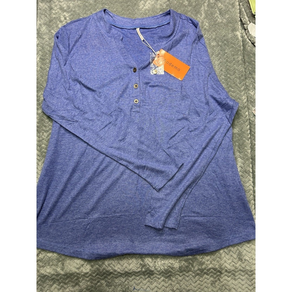 Aodemo‎ Women's V-Neck Henley Long Sleeve Top - Gray Blue - 2XL